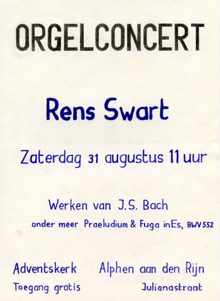 Poster voor het Bach-concert door Rens Swart in 1985 in Alphen aan den Rijn