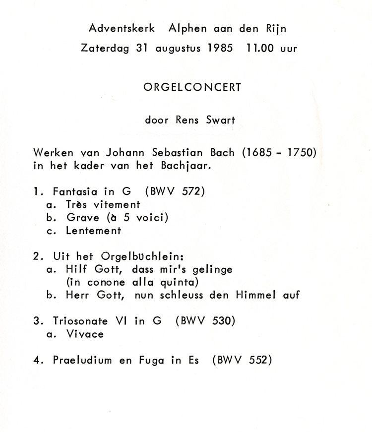 Programma van het Bach-concert door Rens Swart in 1985 in Alphen aan den Rijn