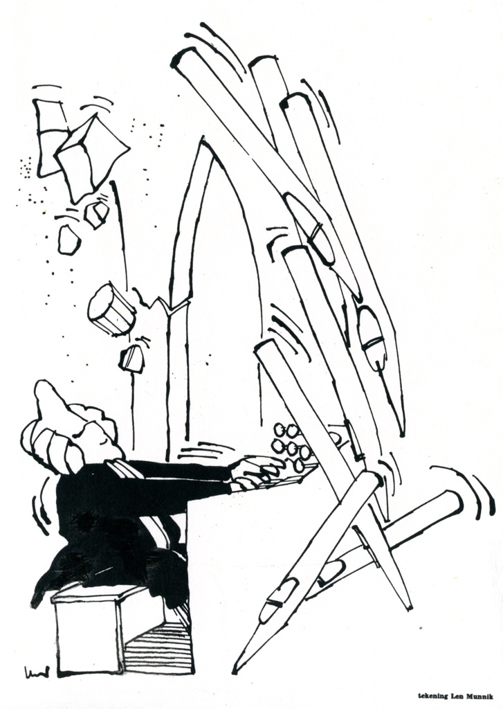 Tekening van Len Munnik waarbij Bach de Der Aa-kerk laat instorten, gebruikt door Rens Swart bij zijn Bach-concert in 1985